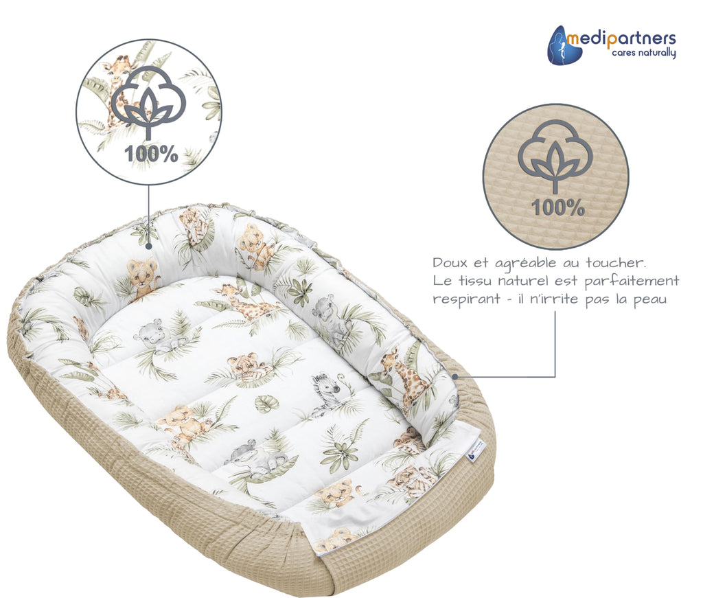 Medi Partners Reducteur de Lit Bebe - Réducteur Bébé 100x60x15cm Cocon et Naissance couffin Nid d'ange 100% Coton Gaufre (Glade avec Gaufre Grise)