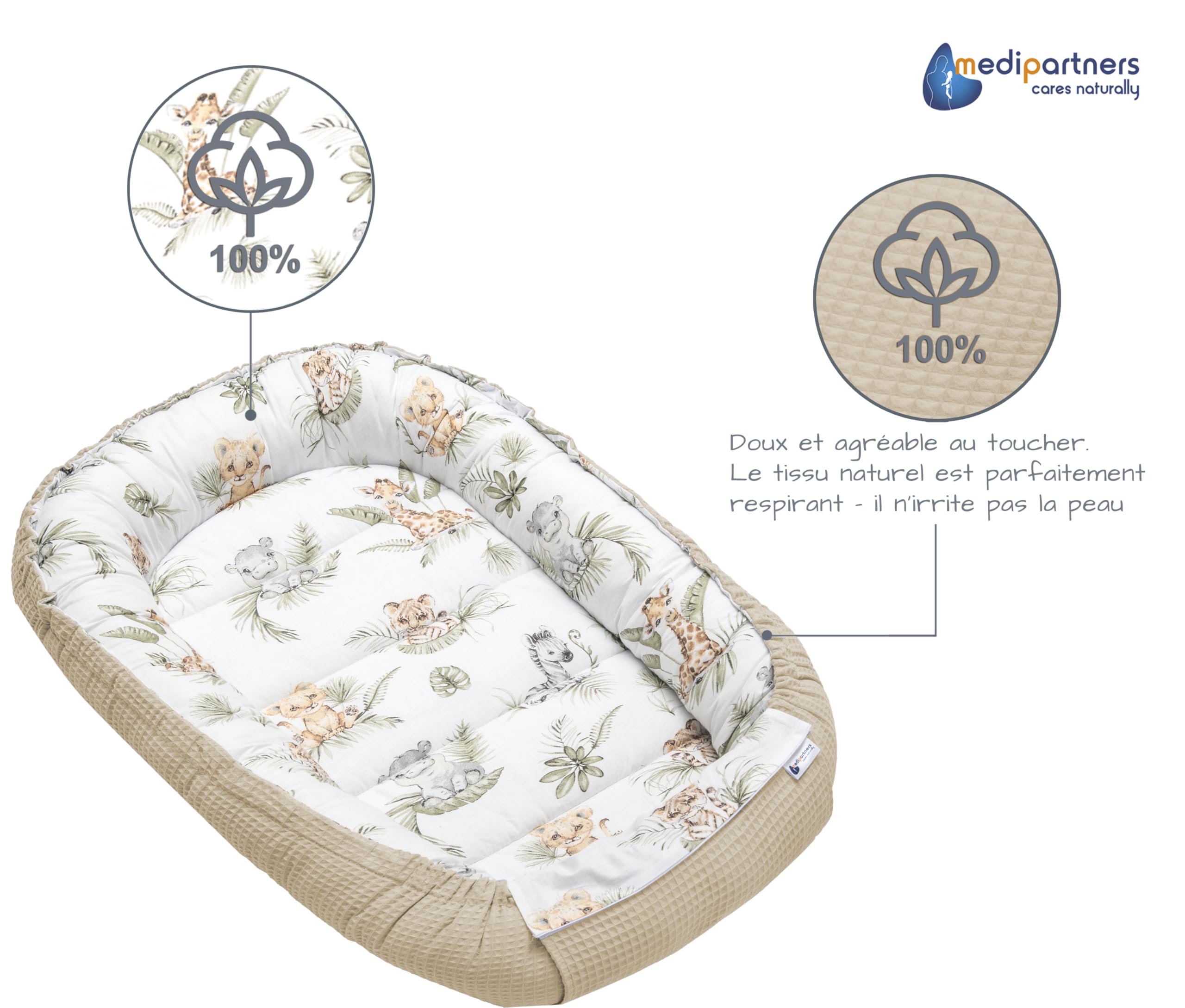 Medi Partners Reducteur de Lit Bebe - Réducteur Bébé 100x60x15cm Cocon et Naissance couffin Nid d'ange 100% Coton Gaufre (Glade avec Gaufre Grise)
