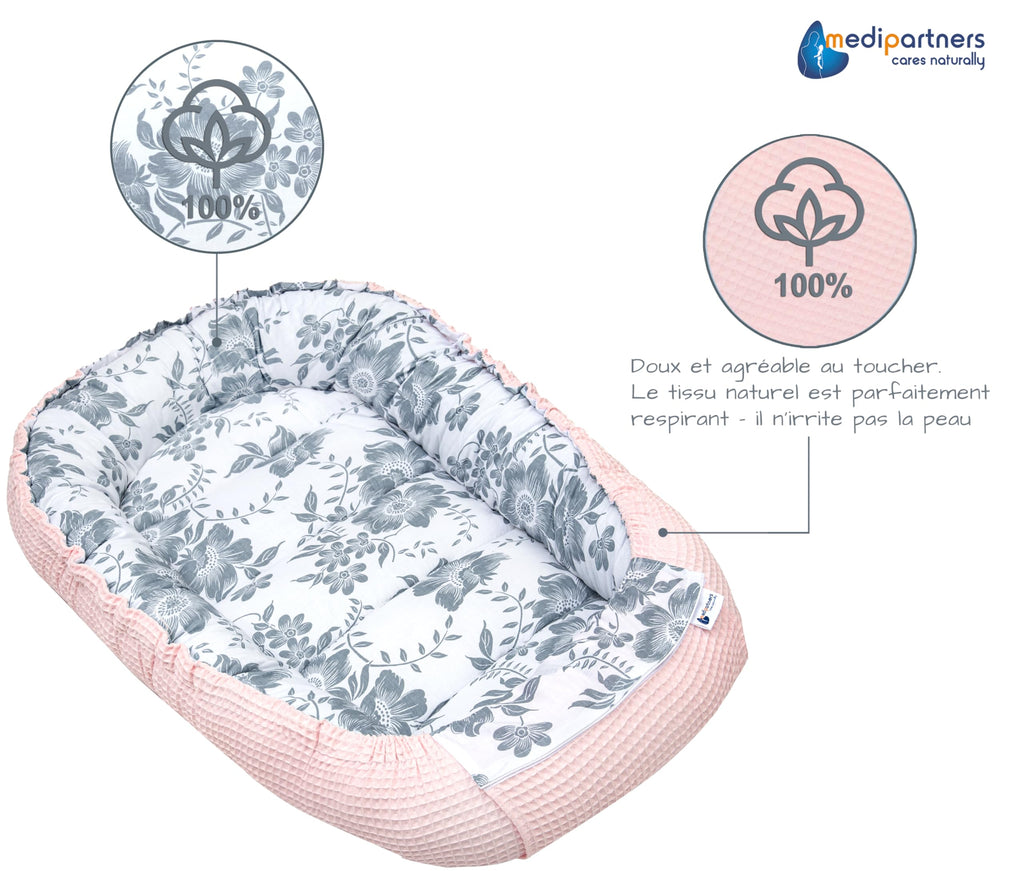 Medi Partners Reducteur de Lit Bebe - Réducteur Bébé 100x60x15cm Cocon et Naissance couffin Nid d'ange 100% Coton Gaufre (Glade avec Gaufre Grise)