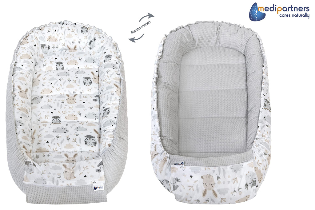 Medi Partners Reducteur de Lit Bebe - Réducteur Bébé 100x60x15cm Cocon et Naissance couffin Nid d'ange 100% Coton Gaufre (Glade avec Gaufre Grise)