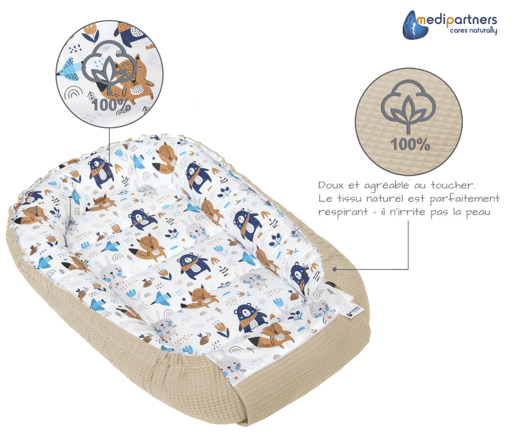 Medi Partners Reducteur de Lit Bebe - Réducteur Bébé 100x60x15cm Cocon et Naissance couffin Nid d'ange 100% Coton Gaufre (Glade avec Gaufre Grise)