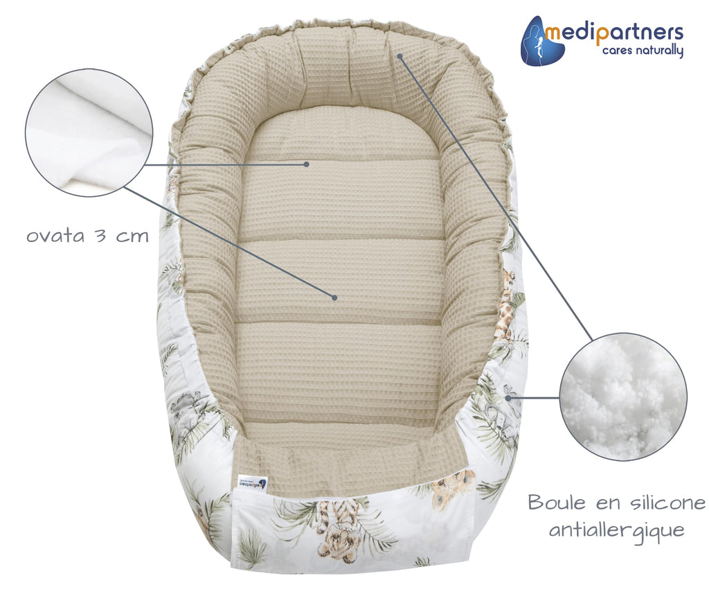 Medi Partners Reducteur de Lit Bebe - Réducteur Bébé 100x60x15cm Cocon et Naissance couffin Nid d'ange 100% Coton Gaufre (Glade avec Gaufre Grise)
