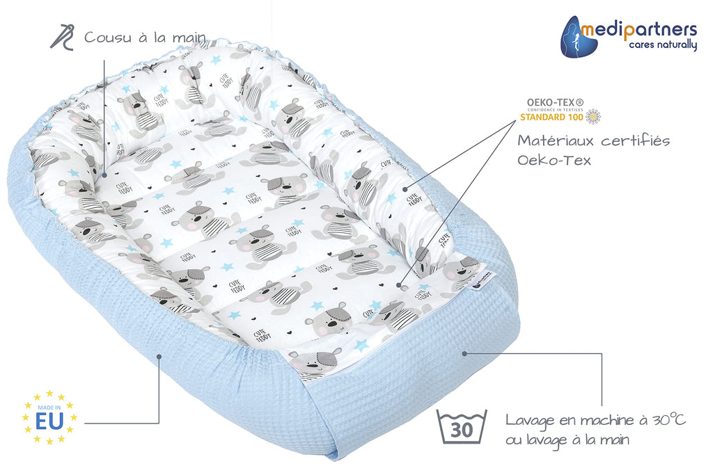Medi Partners Reducteur de Lit Bebe - Réducteur Bébé 100x60x15cm Cocon et Naissance couffin Nid d'ange 100% Coton Gaufre (Glade avec Gaufre Grise)