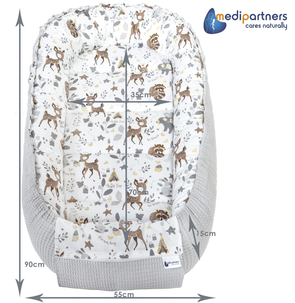 Medi Partners Reducteur de Lit Bebe - Réducteur Bébé 100x60x15cm Cocon et Naissance couffin Nid d'ange 100% Coton Gaufre (Glade avec Gaufre Grise)