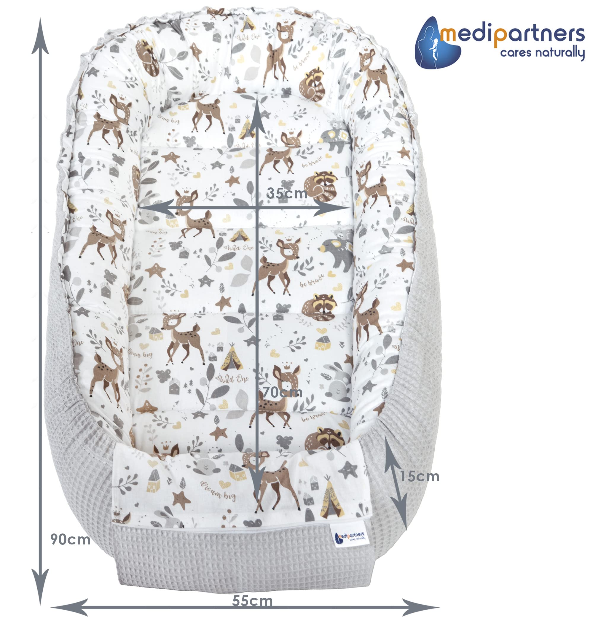 Medi Partners Reducteur de Lit Bebe - Réducteur Bébé 100x60x15cm Cocon et Naissance couffin Nid d'ange 100% Coton Gaufre (Glade avec Gaufre Grise)