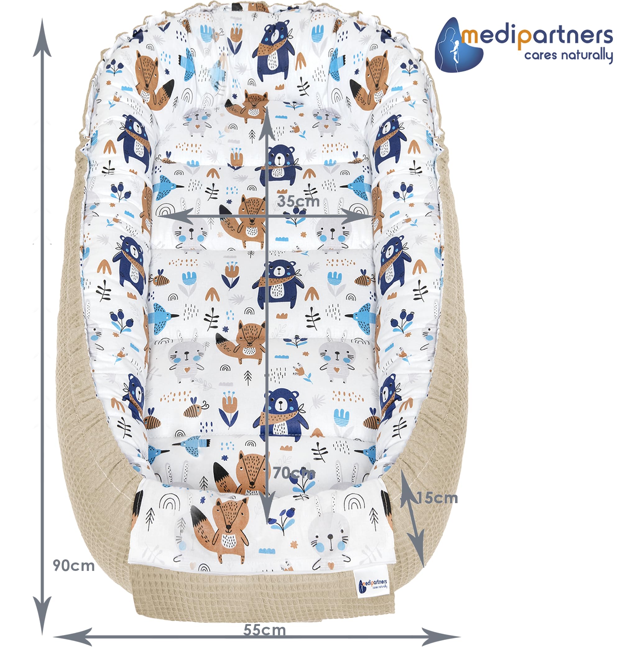Medi Partners Reducteur de Lit Bebe - Réducteur Bébé 100x60x15cm Cocon et Naissance couffin Nid d'ange 100% Coton Gaufre (Glade avec Gaufre Grise)