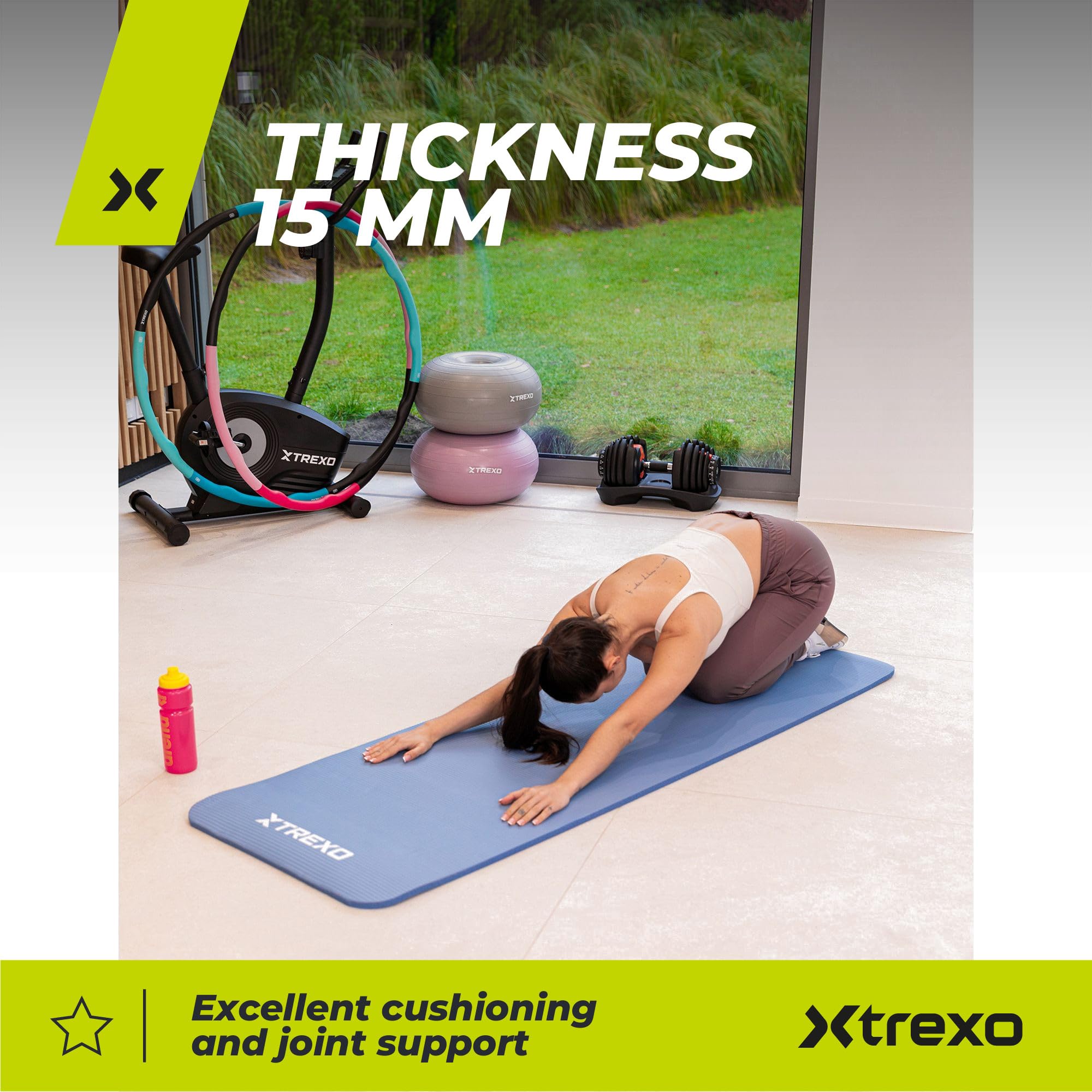 TREXO Tapis d'Exercice en NBR 183 x 61 cm Matériau Exceptionnellement Durable et Flexible 15 mm d'Épaisseur avec Structure Antidérapante dans l'Ensemble avec Sangle pour Porter