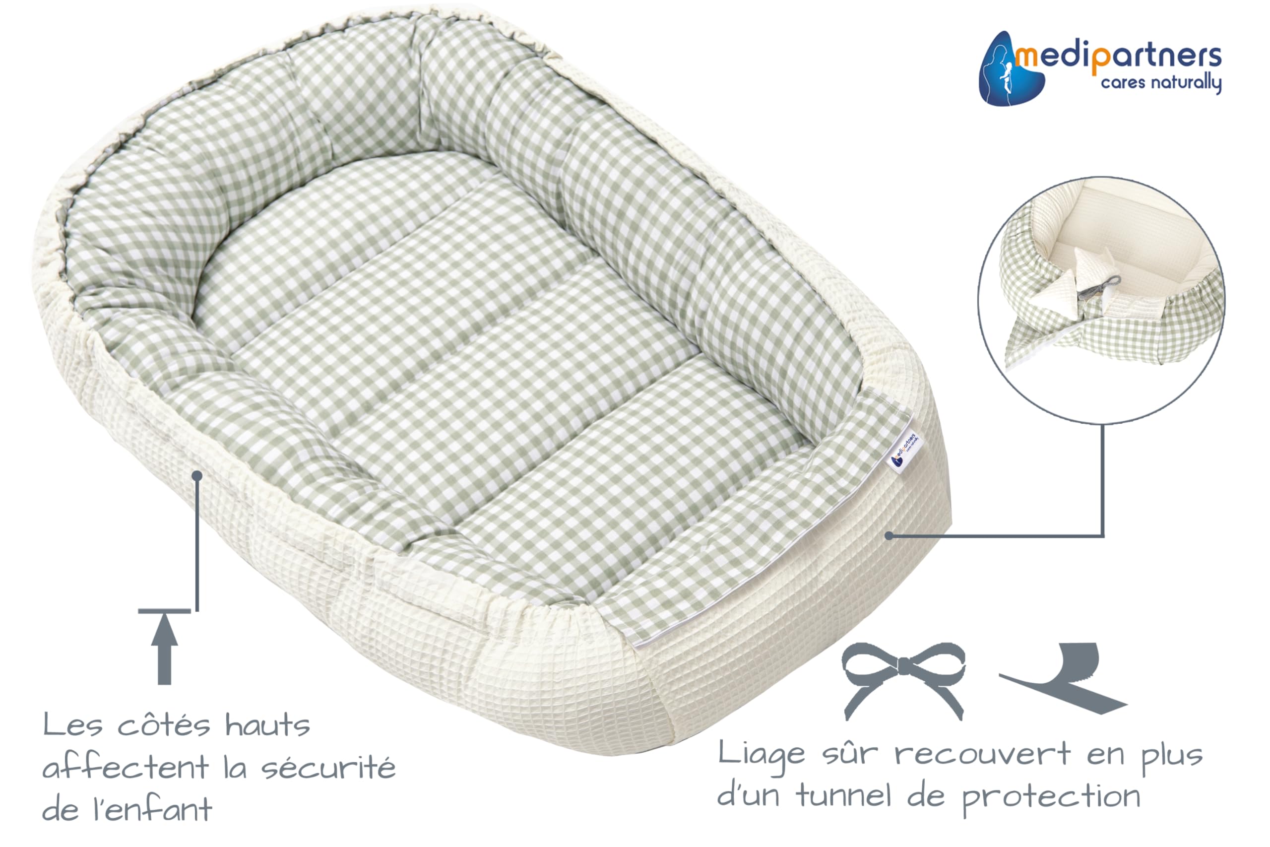 Medi Partners Reducteur de Lit Bebe - Réducteur Bébé 100x60x15cm Cocon et Naissance couffin Nid d'ange 100% Coton Gaufre (Glade avec Gaufre Grise)