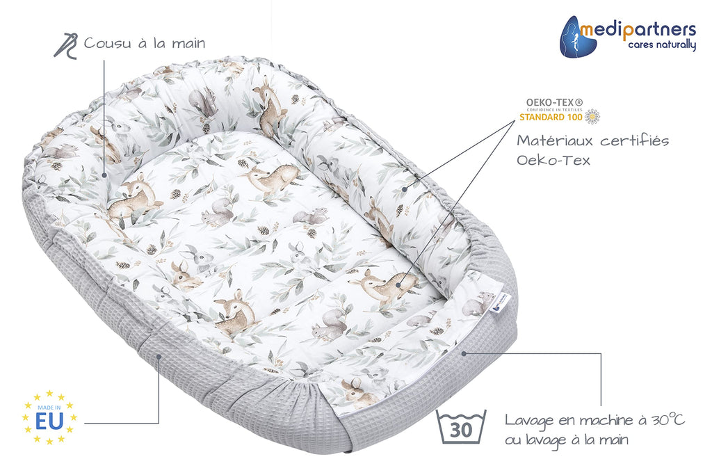 Medi Partners Reducteur de Lit Bebe - Réducteur Bébé 100x60x15cm Cocon et Naissance couffin Nid d'ange 100% Coton Gaufre (Glade avec Gaufre Grise)