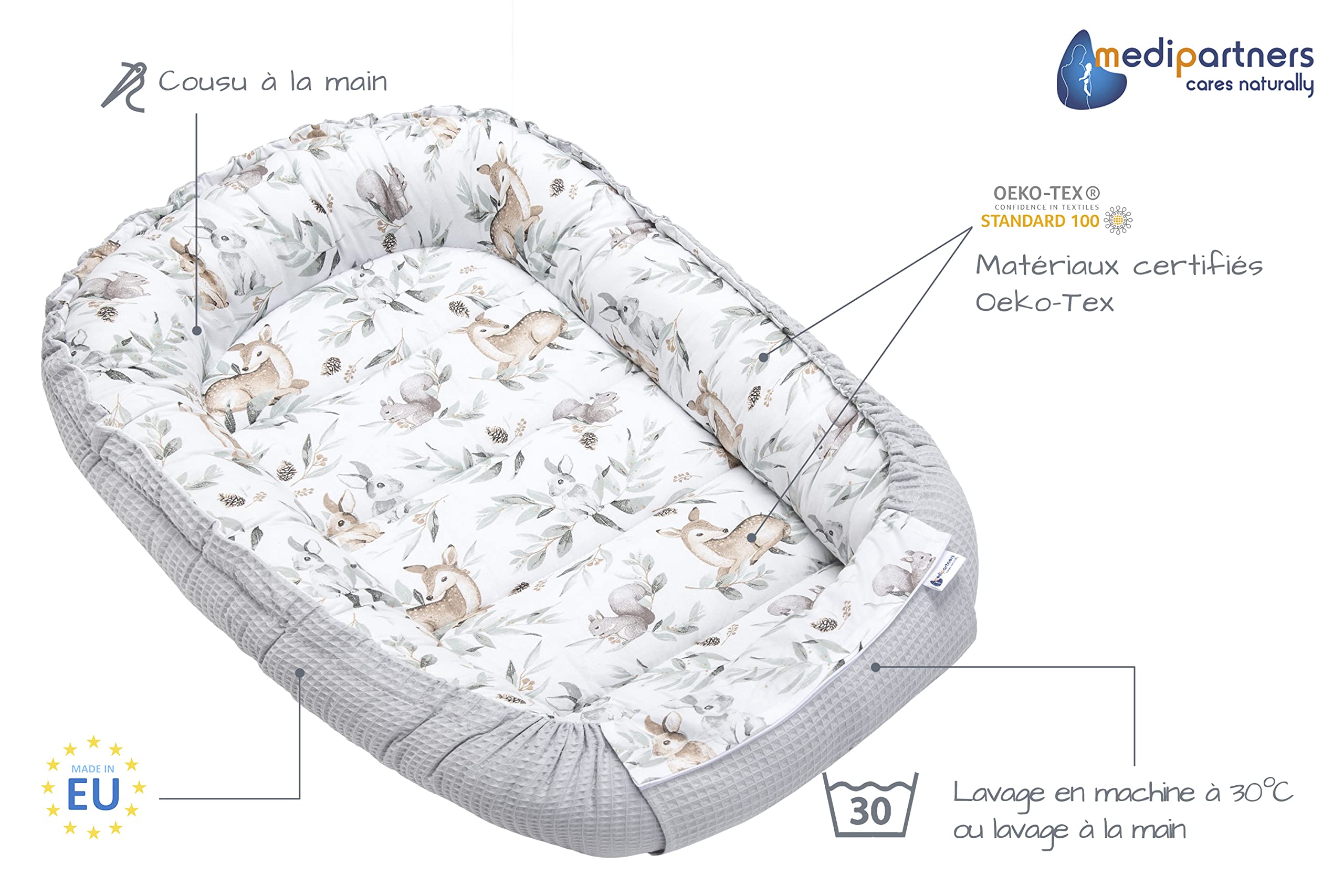 Medi Partners Reducteur de Lit Bebe - Réducteur Bébé 100x60x15cm Cocon et Naissance couffin Nid d'ange 100% Coton Gaufre (Glade avec Gaufre Grise)