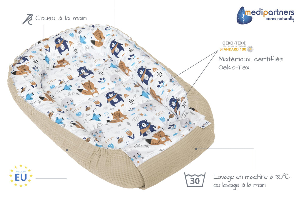 Medi Partners Reducteur de Lit Bebe - Réducteur Bébé 100x60x15cm Cocon et Naissance couffin Nid d'ange 100% Coton Gaufre (Glade avec Gaufre Grise)