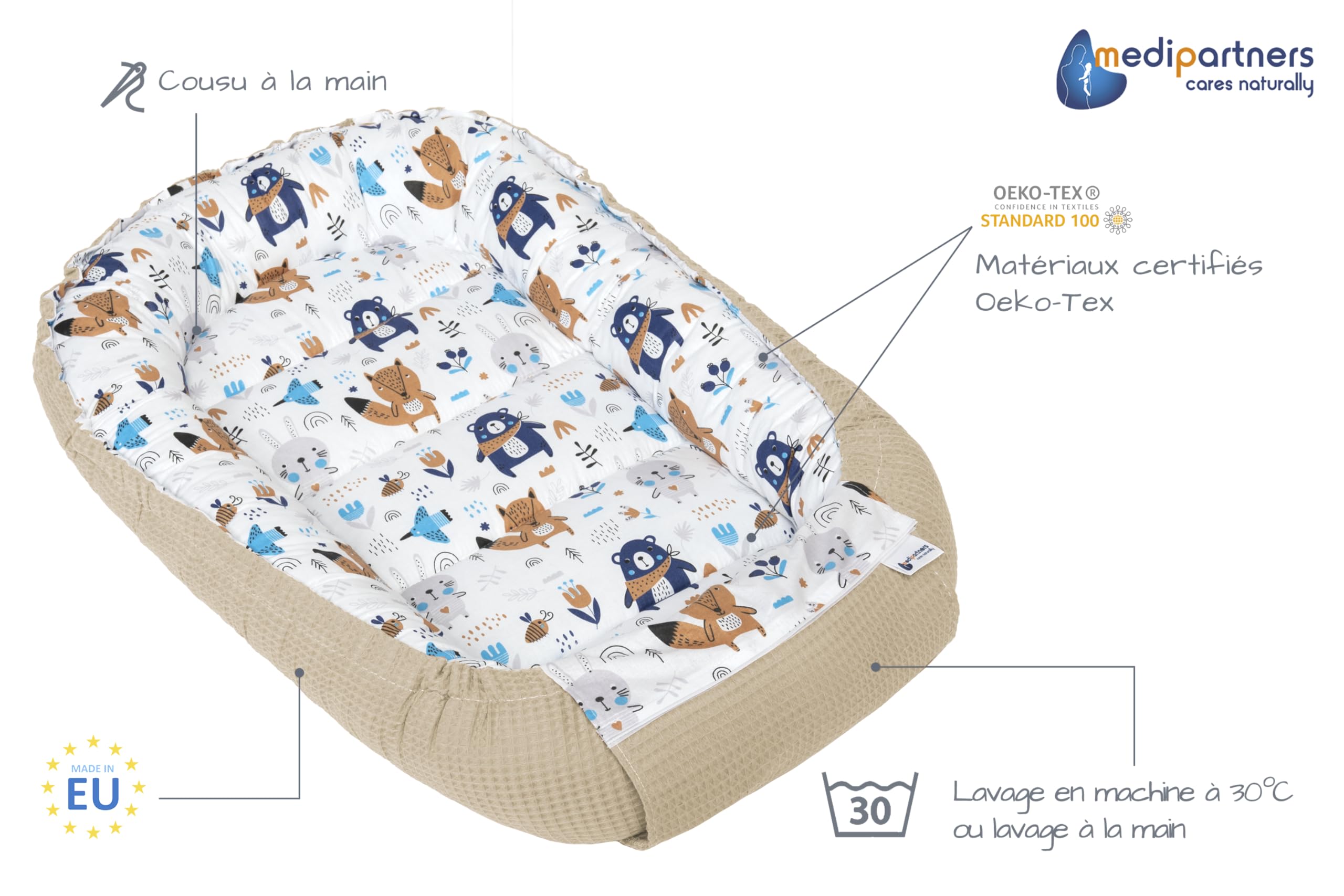 Medi Partners Reducteur de Lit Bebe - Réducteur Bébé 100x60x15cm Cocon et Naissance couffin Nid d'ange 100% Coton Gaufre (Glade avec Gaufre Grise)