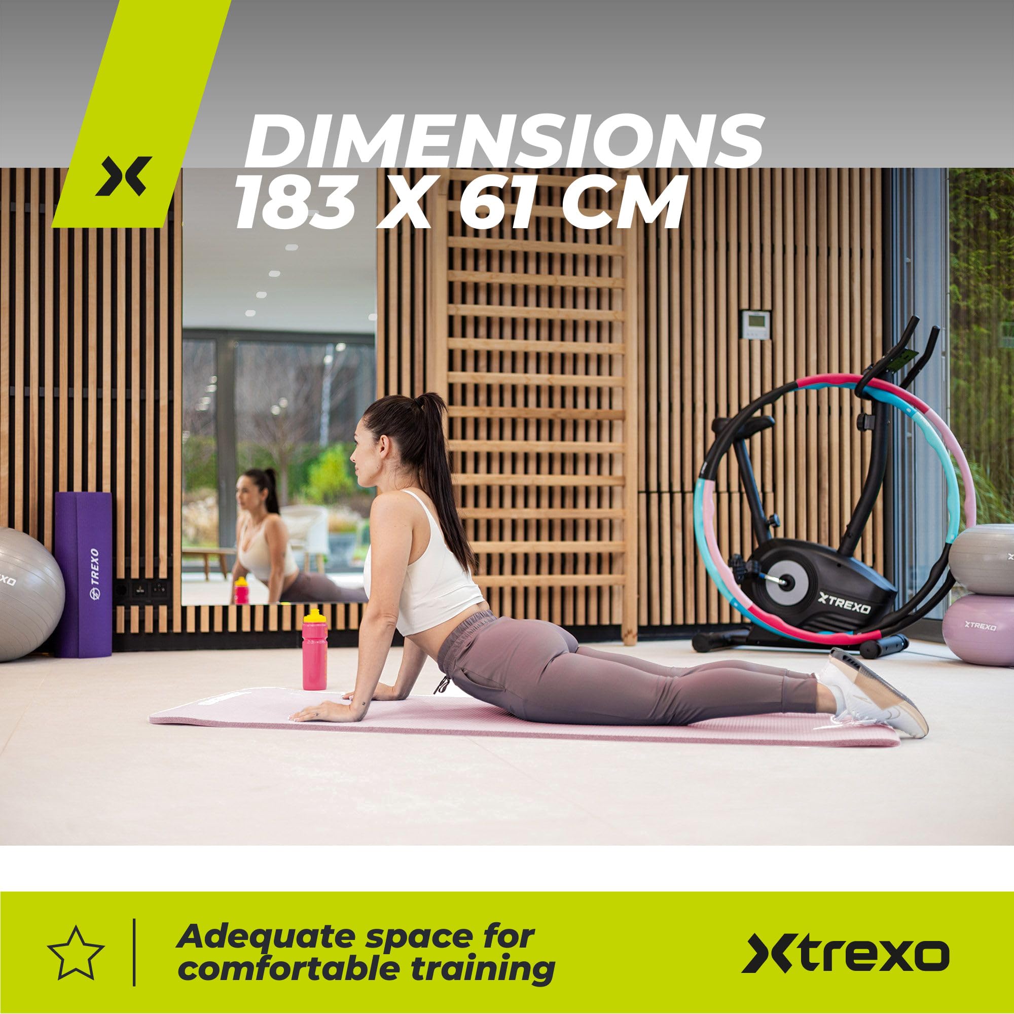TREXO Tapis d'Exercice en NBR 183 x 61 cm Matériau Exceptionnellement Durable et Flexible 15 mm d'Épaisseur avec Structure Antidérapante dans l'Ensemble avec Sangle pour Porter