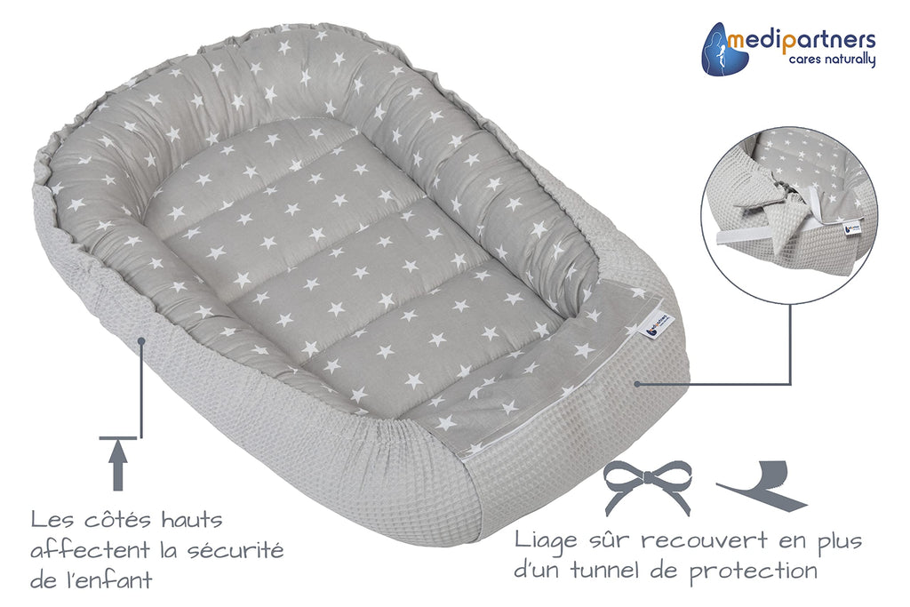 Medi Partners Reducteur de Lit Bebe - Réducteur Bébé 100x60x15cm Cocon et Naissance couffin Nid d'ange 100% Coton Gaufre (Glade avec Gaufre Grise)