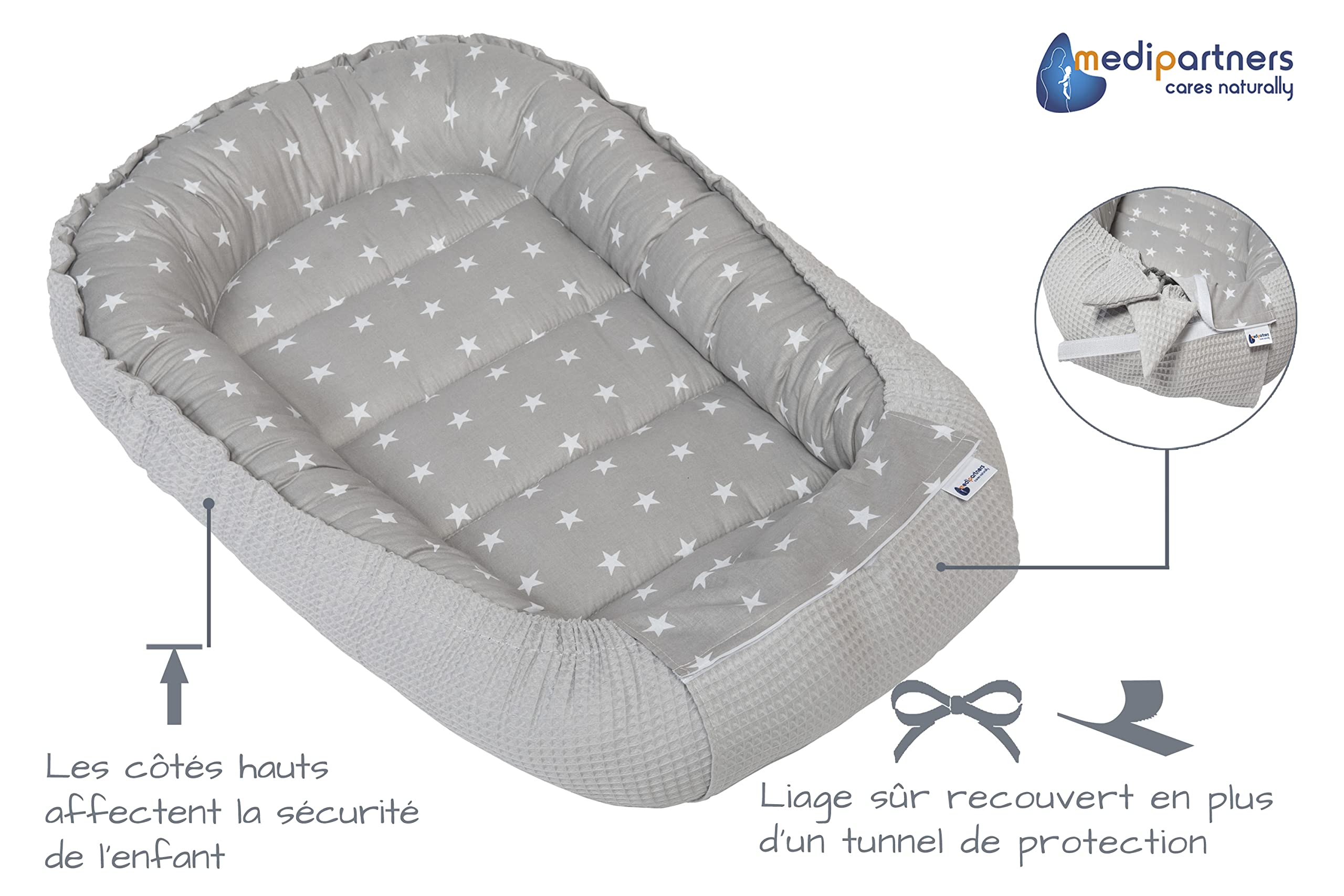 Medi Partners Reducteur de Lit Bebe - Réducteur Bébé 100x60x15cm Cocon et Naissance couffin Nid d'ange 100% Coton Gaufre (Glade avec Gaufre Grise)