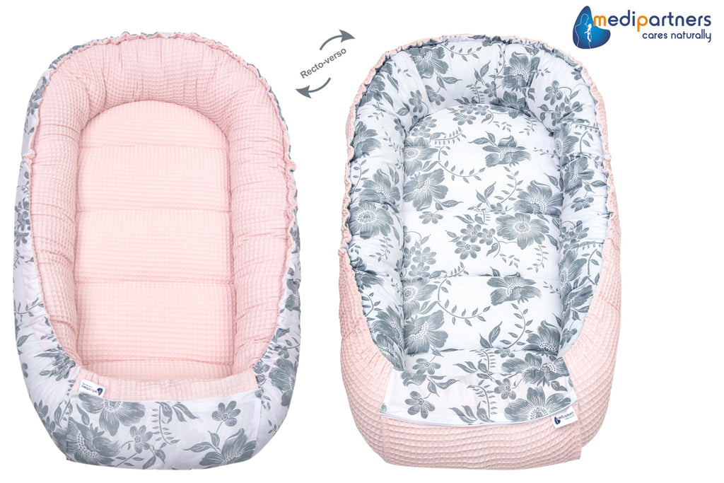 Medi Partners Reducteur de Lit Bebe - Réducteur Bébé 100x60x15cm Cocon et Naissance couffin Nid d'ange 100% Coton Gaufre (Glade avec Gaufre Grise)