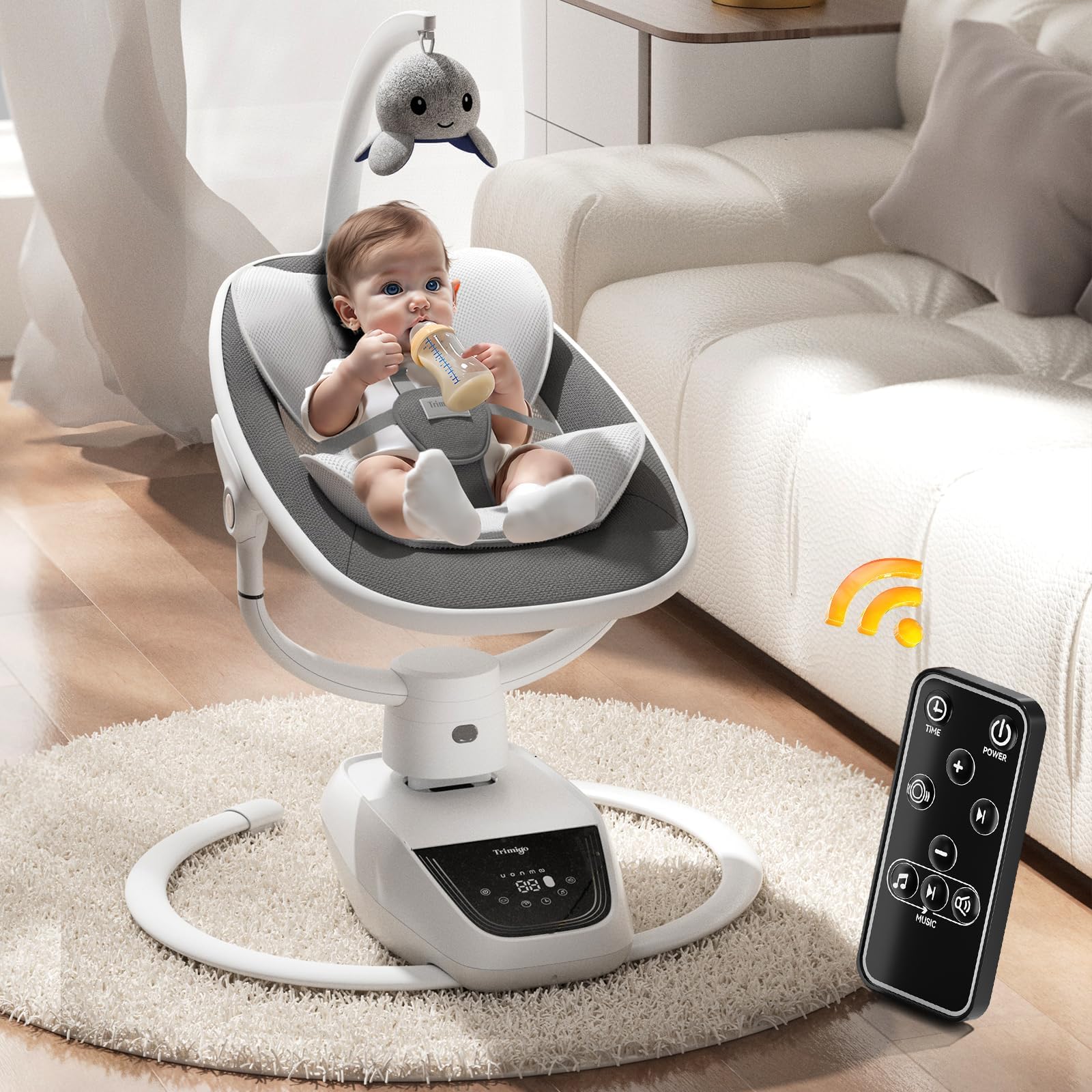 transat bébé électrique balancoire bébé Réglable inclinaison, rotation 180°, 5 modes de balancement, musique et télécommande - Jusqu'à 18 kg (Gris)