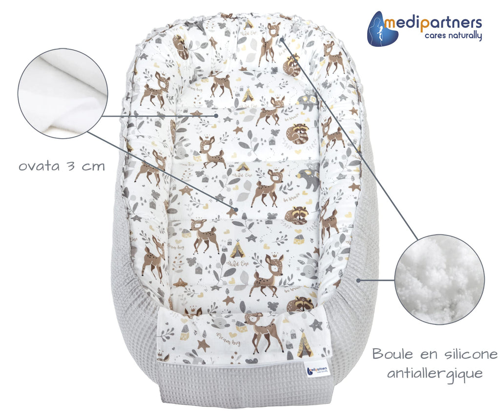 Medi Partners Reducteur de Lit Bebe - Réducteur Bébé 100x60x15cm Cocon et Naissance couffin Nid d'ange 100% Coton Gaufre (Glade avec Gaufre Grise)