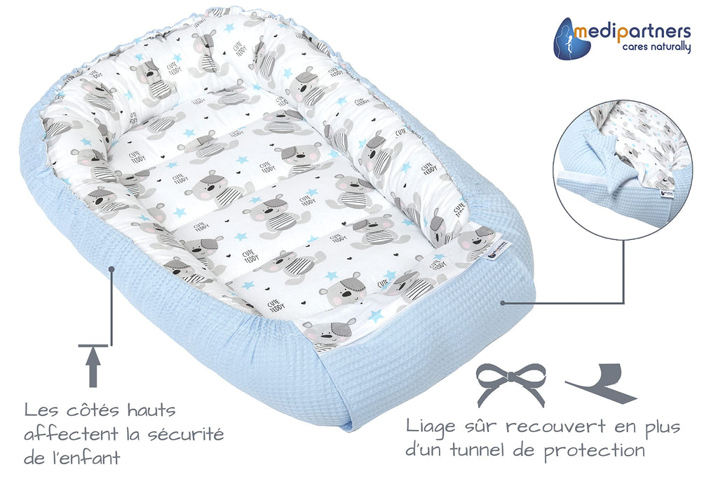 Medi Partners Reducteur de Lit Bebe - Réducteur Bébé 100x60x15cm Cocon et Naissance couffin Nid d'ange 100% Coton Gaufre (Glade avec Gaufre Grise)