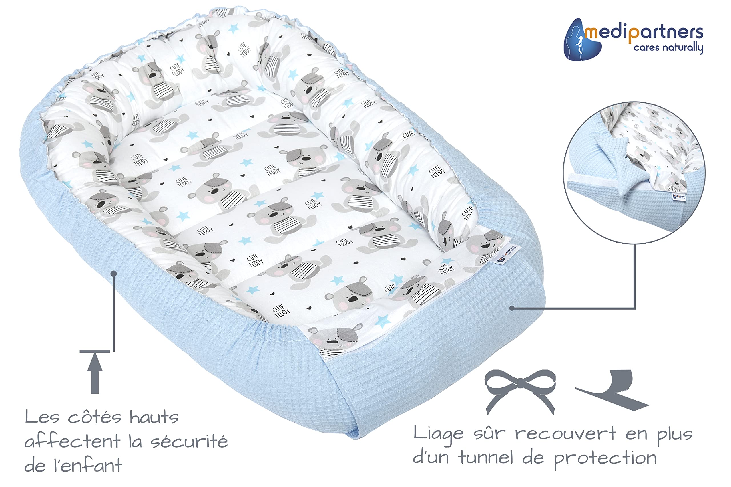 Medi Partners Reducteur de Lit Bebe - Réducteur Bébé 100x60x15cm Cocon et Naissance couffin Nid d'ange 100% Coton Gaufre (Glade avec Gaufre Grise)
