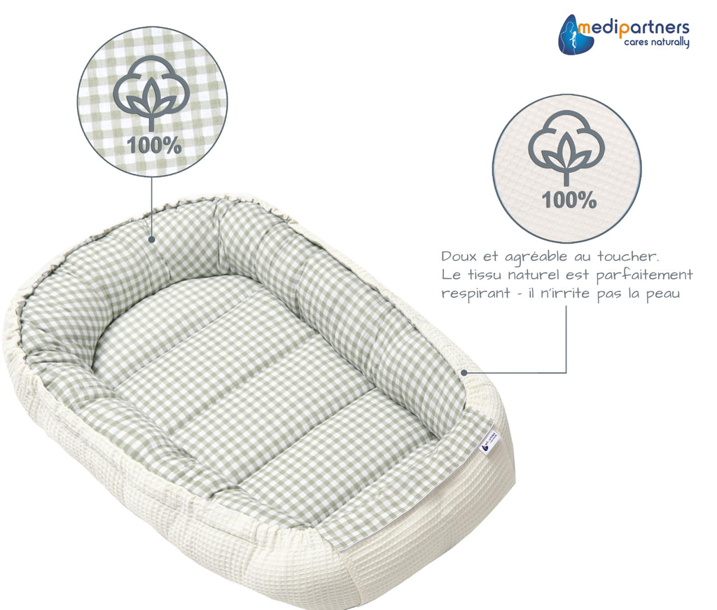 Medi Partners Reducteur de Lit Bebe - Réducteur Bébé 100x60x15cm Cocon et Naissance couffin Nid d'ange 100% Coton Gaufre (Glade avec Gaufre Grise)