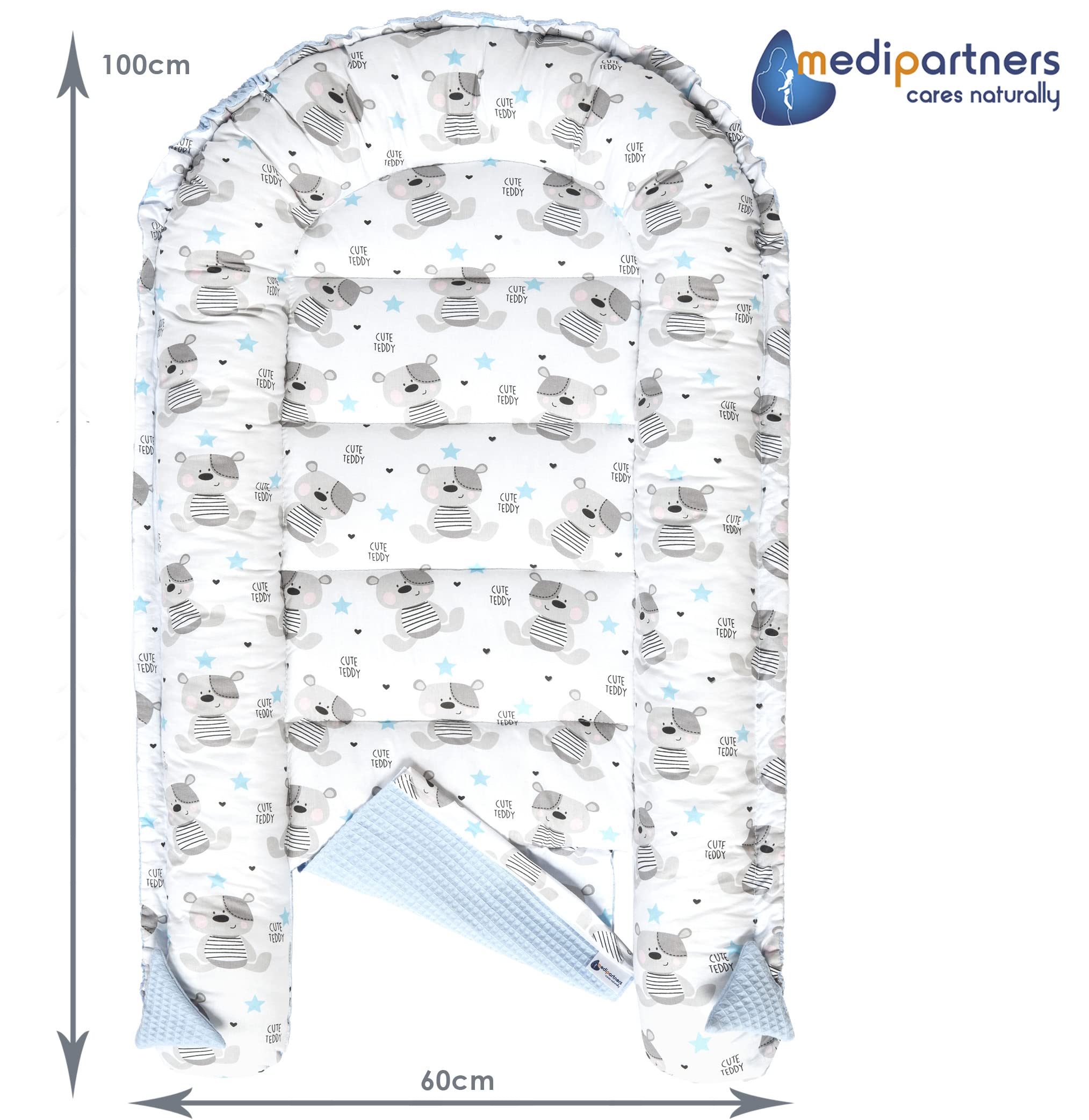 Medi Partners Reducteur de Lit Bebe - Réducteur Bébé 100x60x15cm Cocon et Naissance couffin Nid d'ange 100% Coton Gaufre (Glade avec Gaufre Grise)