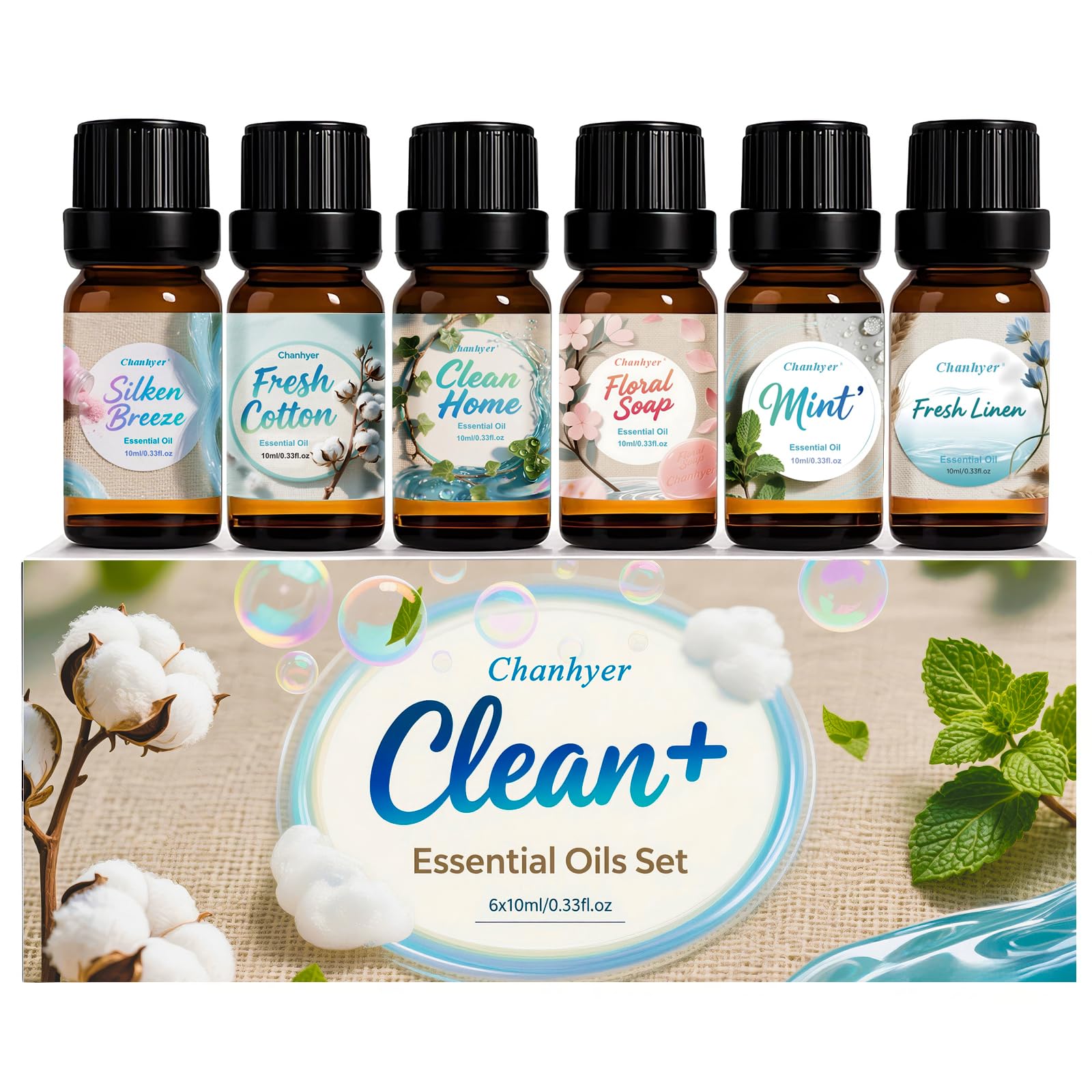 Coffret d'Huiles Essentielles Clean 6 x 10ml – Linge Frais, Coton, Poudre Douce, Menthe Poivrée, Maison Propre, Parfum Savon pour Diffuseur, Parfum d'Ambiance à la Maison