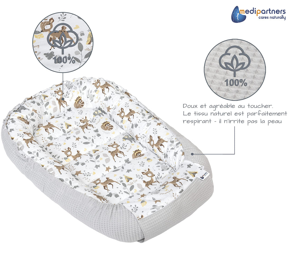 Medi Partners Reducteur de Lit Bebe - Réducteur Bébé 100x60x15cm Cocon et Naissance couffin Nid d'ange 100% Coton Gaufre (Glade avec Gaufre Grise)