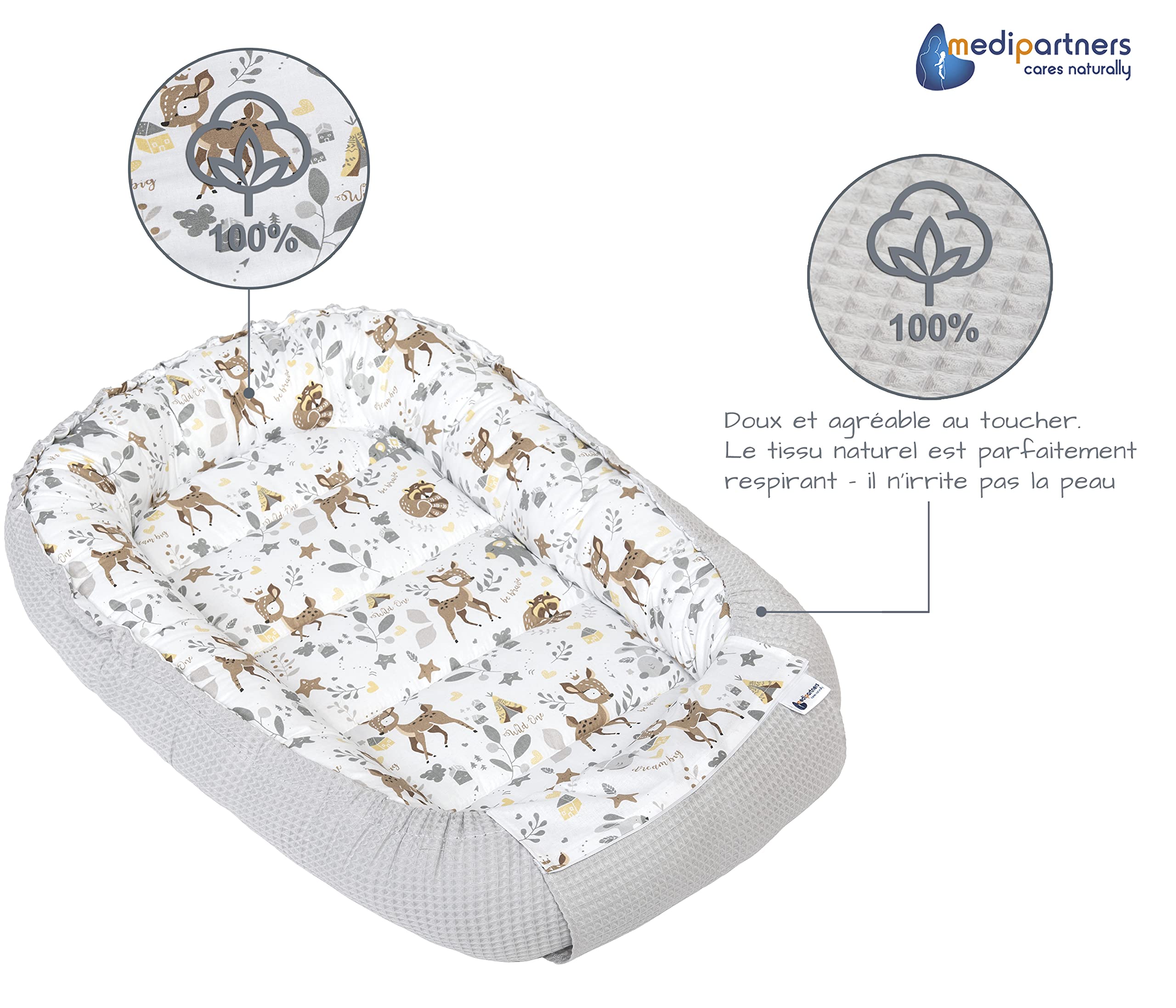 Medi Partners Reducteur de Lit Bebe - Réducteur Bébé 100x60x15cm Cocon et Naissance couffin Nid d'ange 100% Coton Gaufre (Glade avec Gaufre Grise)