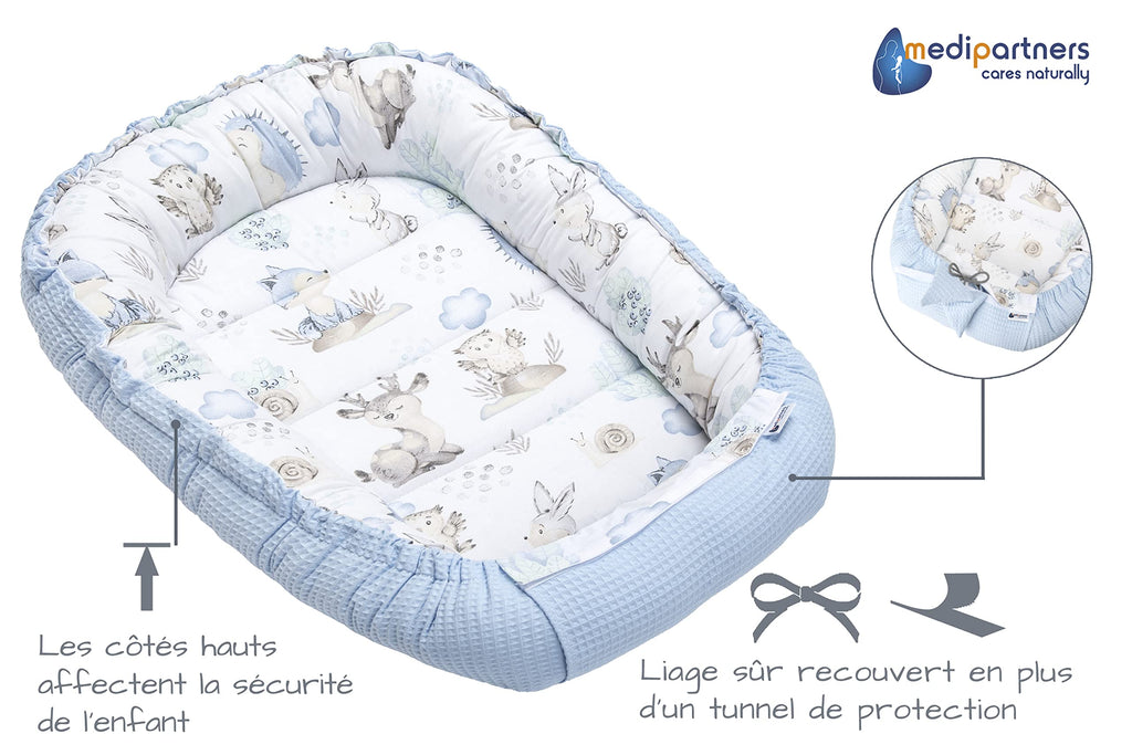 Medi Partners Reducteur de Lit Bebe - Réducteur Bébé 100x60x15cm Cocon et Naissance couffin Nid d'ange 100% Coton Gaufre (Glade avec Gaufre Grise)