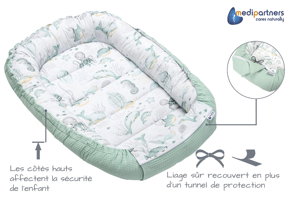 Medi Partners Reducteur de Lit Bebe - Réducteur Bébé 100x60x15cm Cocon et Naissance couffin Nid d'ange 100% Coton Gaufre (Glade avec Gaufre Grise)