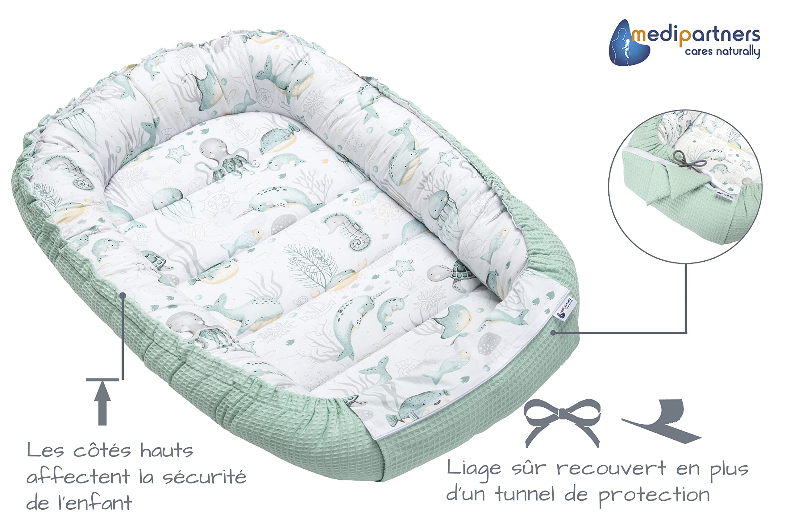 Medi Partners Reducteur de Lit Bebe - Réducteur Bébé 100x60x15cm Cocon et Naissance couffin Nid d'ange 100% Coton Gaufre (Glade avec Gaufre Grise)