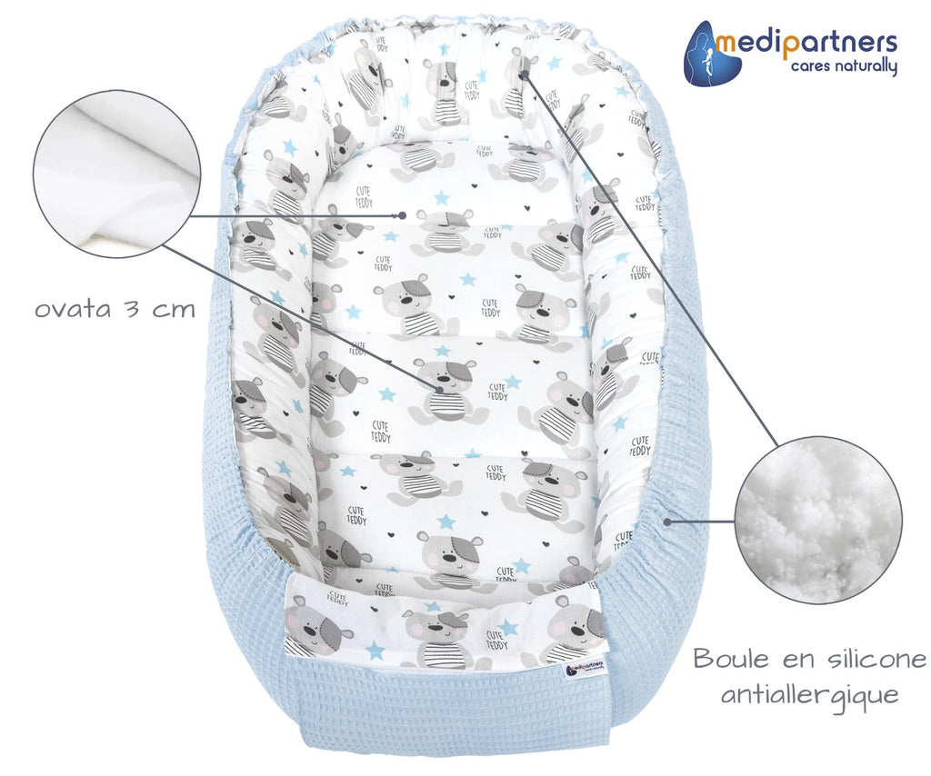 Medi Partners Reducteur de Lit Bebe - Réducteur Bébé 100x60x15cm Cocon et Naissance couffin Nid d'ange 100% Coton Gaufre (Glade avec Gaufre Grise)