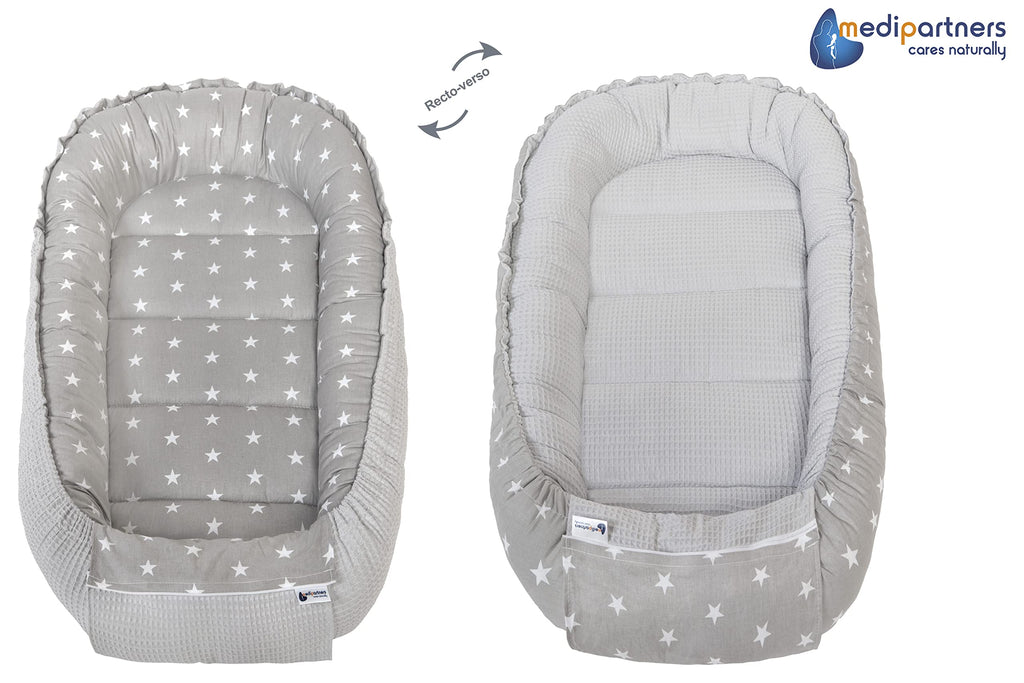 Medi Partners Reducteur de Lit Bebe - Réducteur Bébé 100x60x15cm Cocon et Naissance couffin Nid d'ange 100% Coton Gaufre (Glade avec Gaufre Grise)