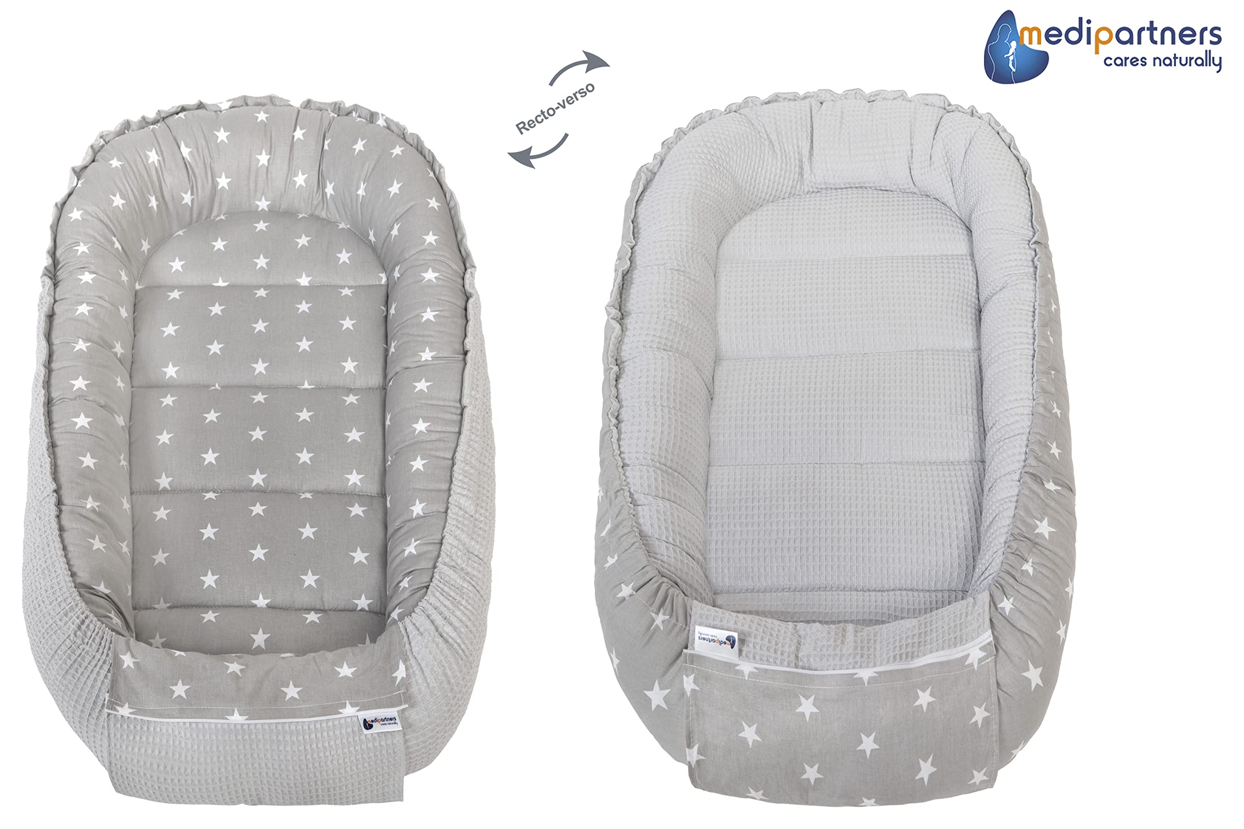 Medi Partners Reducteur de Lit Bebe - Réducteur Bébé 100x60x15cm Cocon et Naissance couffin Nid d'ange 100% Coton Gaufre (Glade avec Gaufre Grise)
