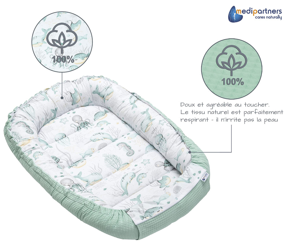 Medi Partners Reducteur de Lit Bebe - Réducteur Bébé 100x60x15cm Cocon et Naissance couffin Nid d'ange 100% Coton Gaufre (Glade avec Gaufre Grise)