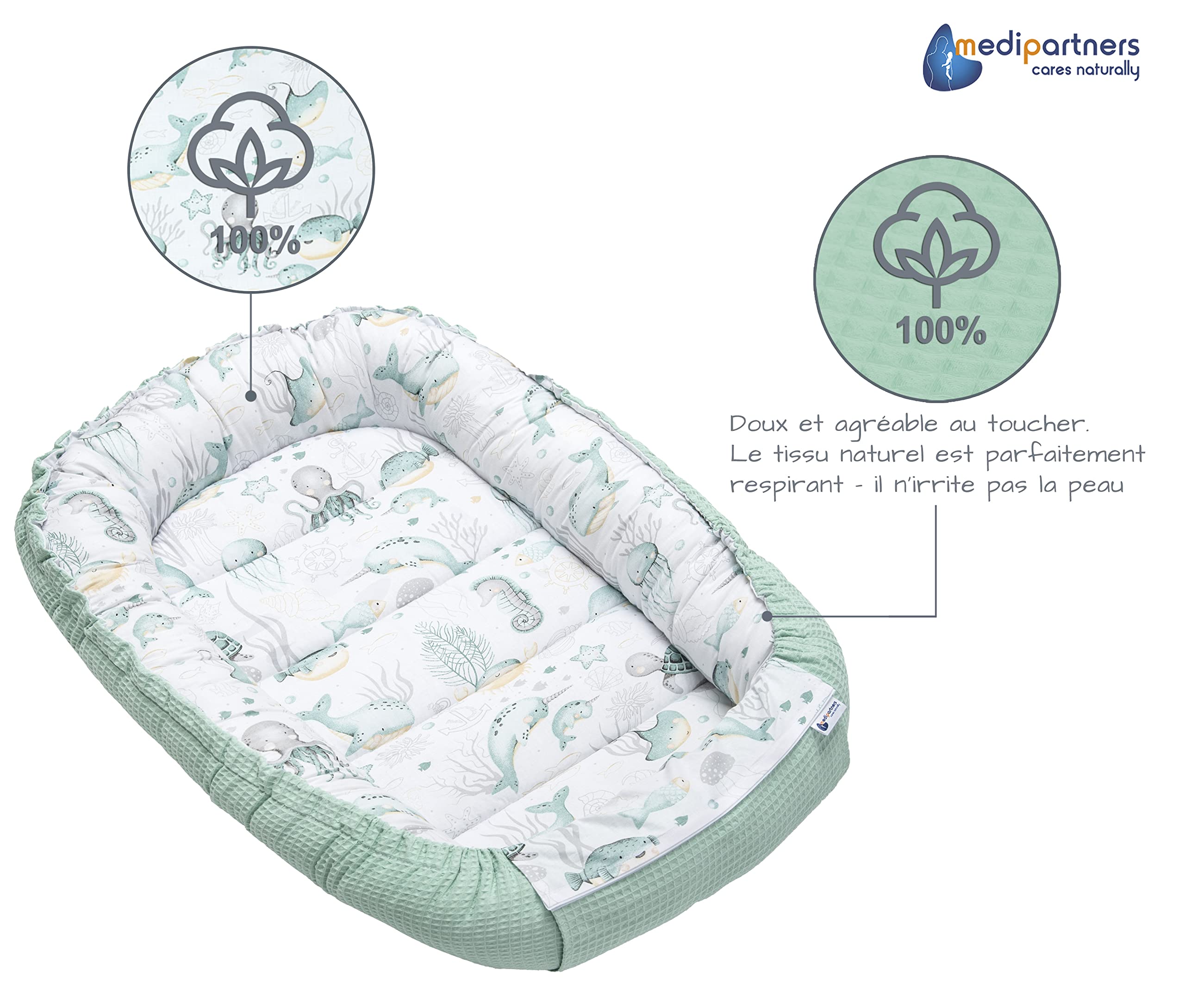 Medi Partners Reducteur de Lit Bebe - Réducteur Bébé 100x60x15cm Cocon et Naissance couffin Nid d'ange 100% Coton Gaufre (Glade avec Gaufre Grise)
