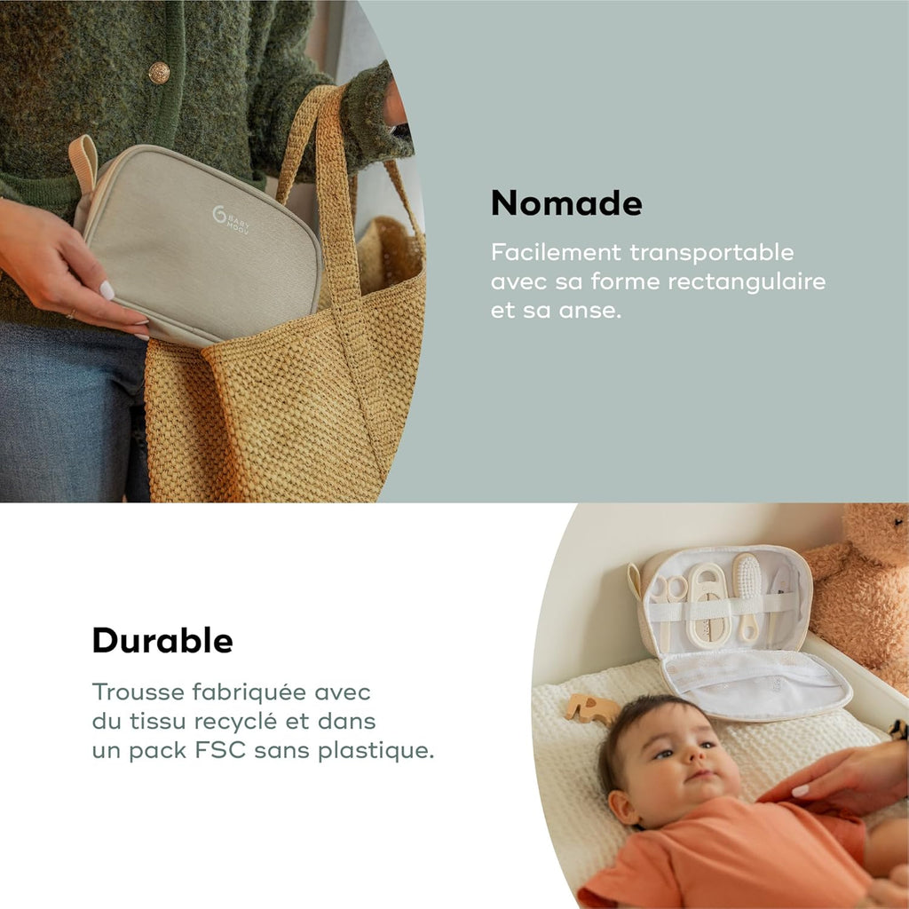 Babymoov Trousse de Soin Bébé - Compacte & Nomade - Dès la naissance - 9 Accessoires Essentiels Soin de Bébé dont Brosse à Cheveux, Thermomètre digital, Thermomètre de bain, Petit Coupe Ongles, Sable
