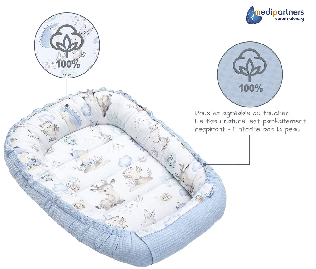 Medi Partners Reducteur de Lit Bebe - Réducteur Bébé 100x60x15cm Cocon et Naissance couffin Nid d'ange 100% Coton Gaufre (Glade avec Gaufre Grise)