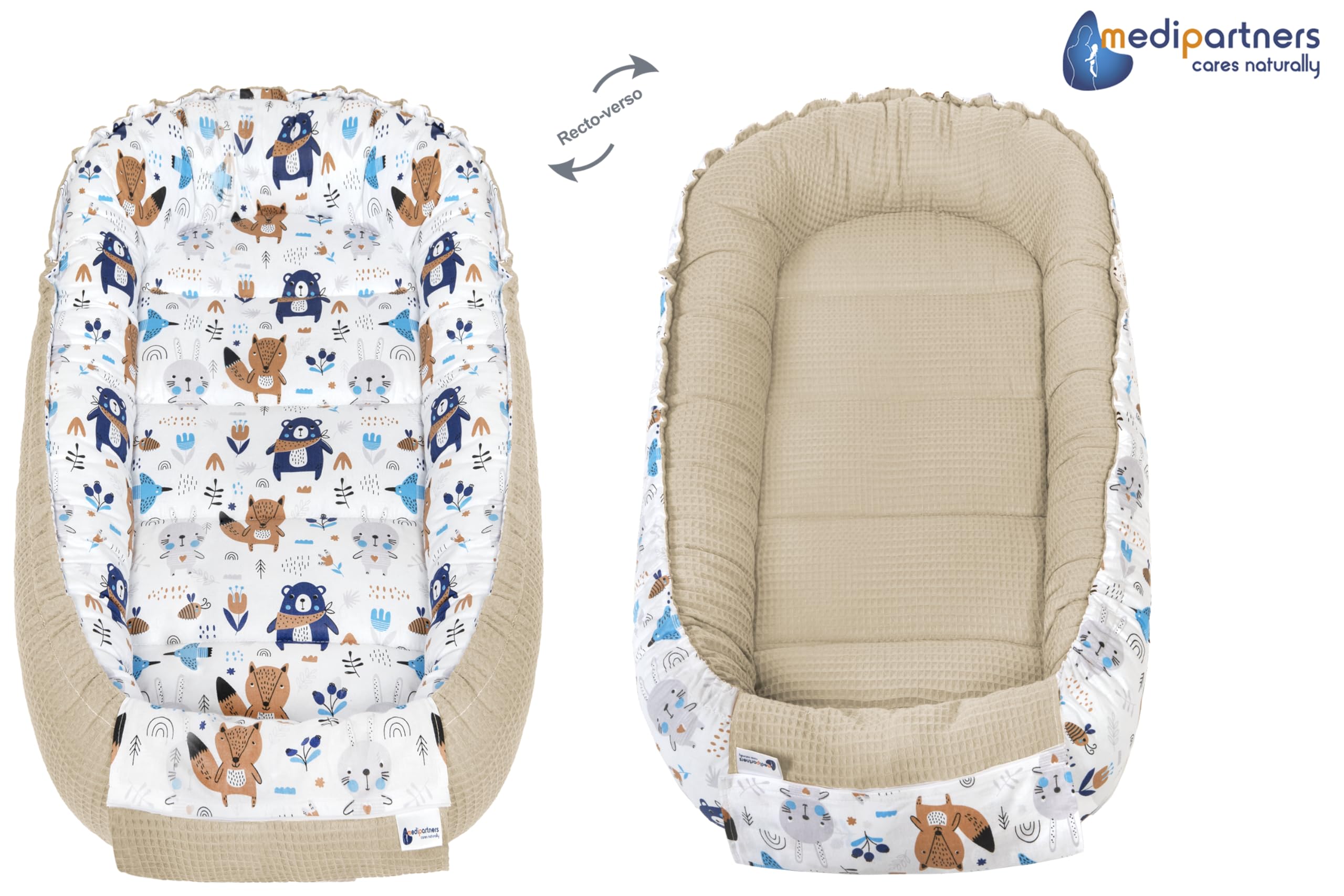 Medi Partners Reducteur de Lit Bebe - Réducteur Bébé 100x60x15cm Cocon et Naissance couffin Nid d'ange 100% Coton Gaufre (Glade avec Gaufre Grise)