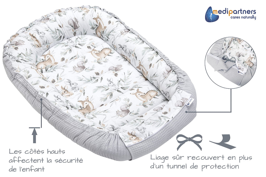 Medi Partners Reducteur de Lit Bebe - Réducteur Bébé 100x60x15cm Cocon et Naissance couffin Nid d'ange 100% Coton Gaufre (Glade avec Gaufre Grise)