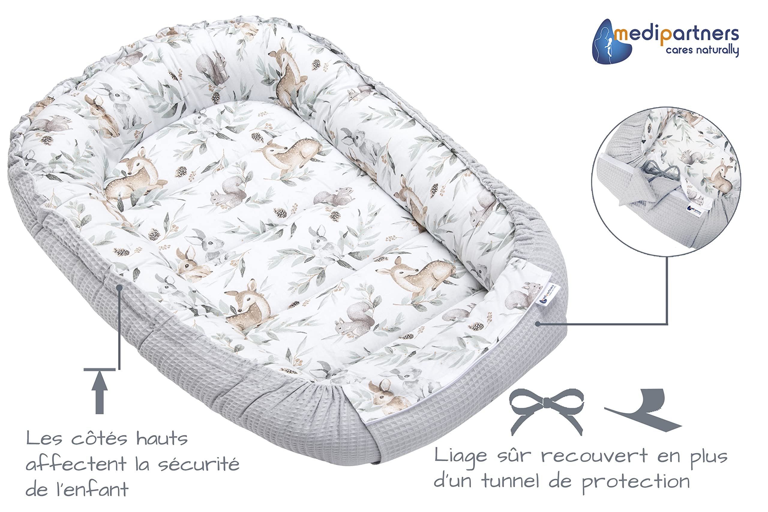 Medi Partners Reducteur de Lit Bebe - Réducteur Bébé 100x60x15cm Cocon et Naissance couffin Nid d'ange 100% Coton Gaufre (Glade avec Gaufre Grise)