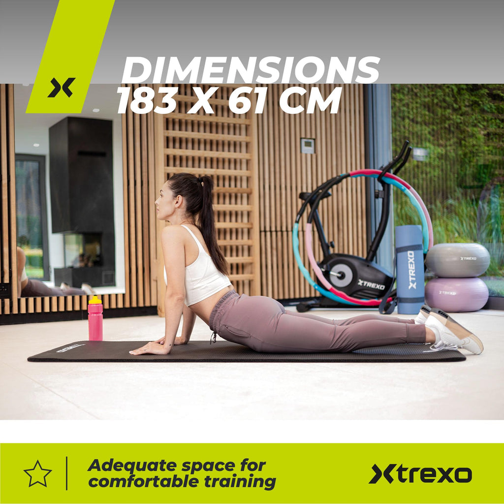 TREXO Tapis d'Exercice en NBR 183 x 61 cm Matériau Exceptionnellement Durable et Flexible 15 mm d'Épaisseur avec Structure Antidérapante dans l'Ensemble avec Sangle pour Porter
