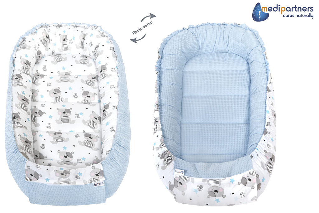 Medi Partners Reducteur de Lit Bebe - Réducteur Bébé 100x60x15cm Cocon et Naissance couffin Nid d'ange 100% Coton Gaufre (Glade avec Gaufre Grise)