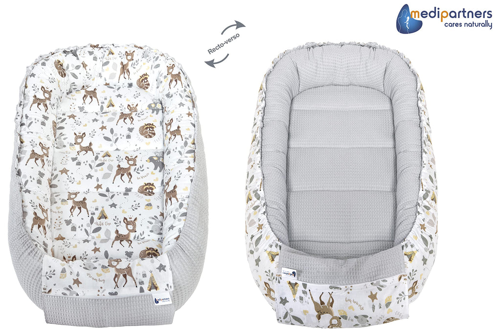 Medi Partners Reducteur de Lit Bebe - Réducteur Bébé 100x60x15cm Cocon et Naissance couffin Nid d'ange 100% Coton Gaufre (Glade avec Gaufre Grise)