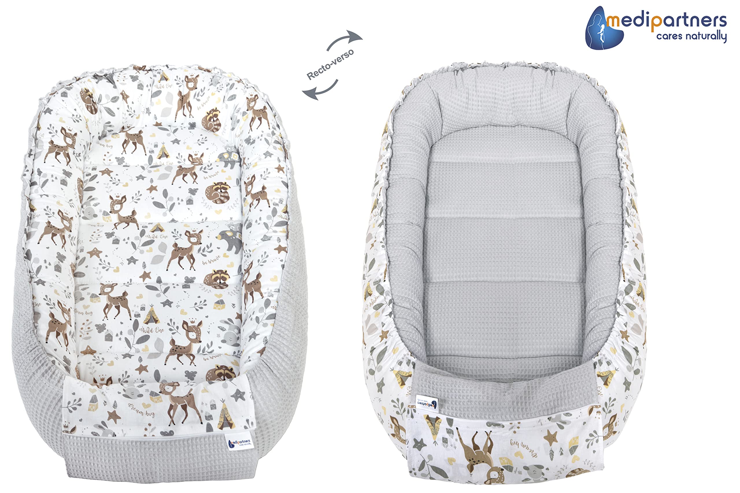 Medi Partners Reducteur de Lit Bebe - Réducteur Bébé 100x60x15cm Cocon et Naissance couffin Nid d'ange 100% Coton Gaufre (Glade avec Gaufre Grise)