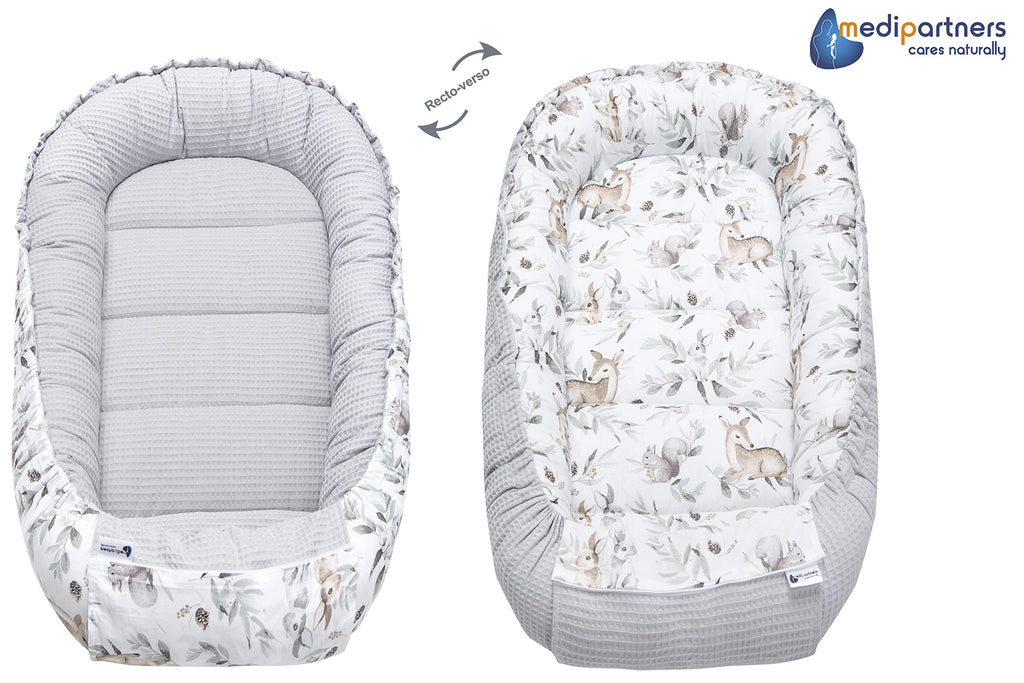 Medi Partners Reducteur de Lit Bebe - Réducteur Bébé 100x60x15cm Cocon et Naissance couffin Nid d'ange 100% Coton Gaufre (Glade avec Gaufre Grise)