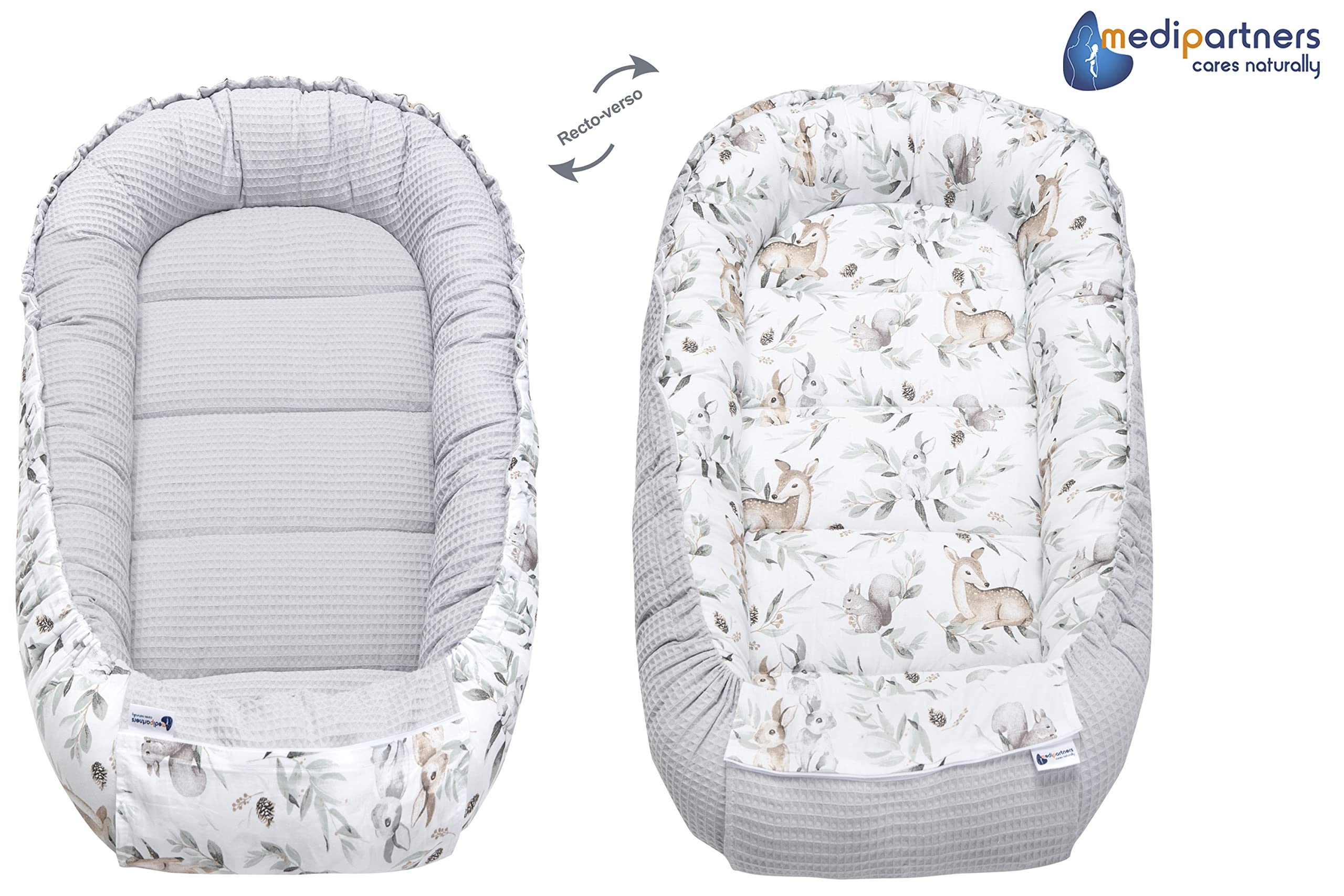Medi Partners Reducteur de Lit Bebe - Réducteur Bébé 100x60x15cm Cocon et Naissance couffin Nid d'ange 100% Coton Gaufre (Glade avec Gaufre Grise)