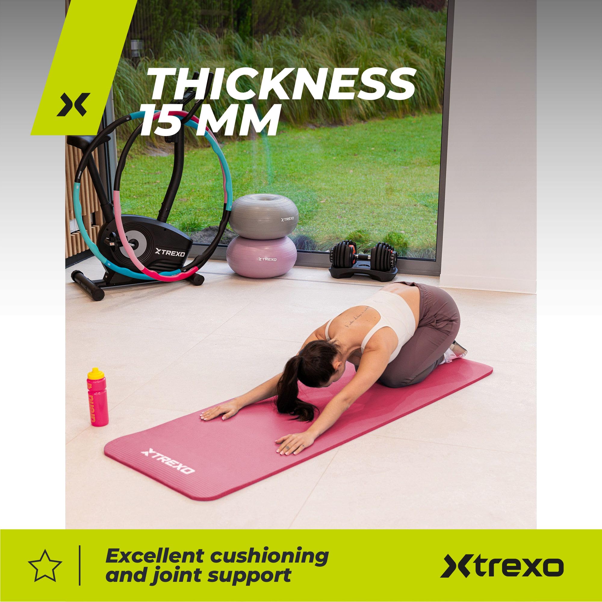 TREXO Tapis d'Exercice en NBR 183 x 61 cm Matériau Exceptionnellement Durable et Flexible 15 mm d'Épaisseur avec Structure Antidérapante dans l'Ensemble avec Sangle pour Porter