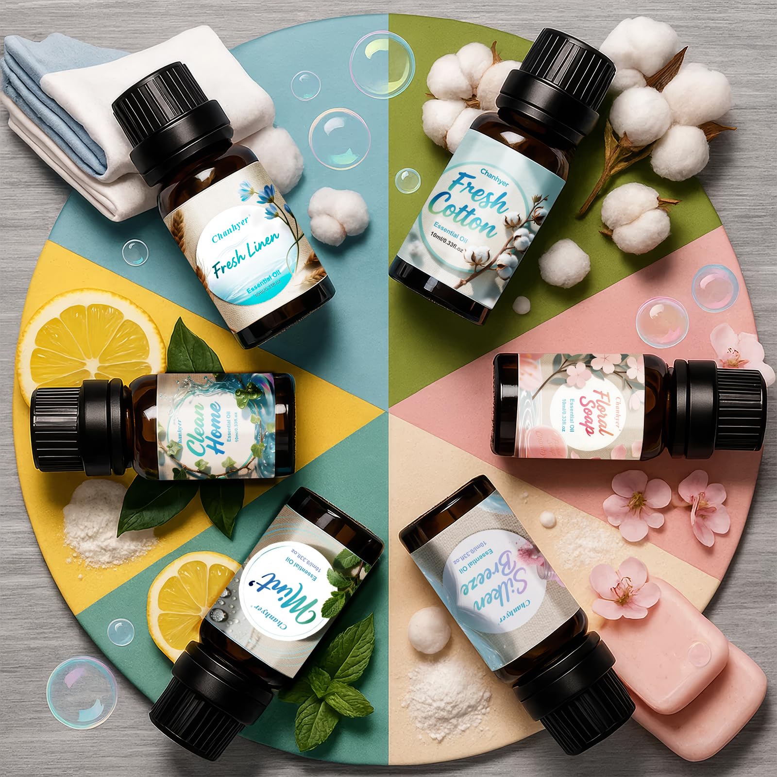 Coffret d'Huiles Essentielles Clean 6 x 10ml – Linge Frais, Coton, Poudre Douce, Menthe Poivrée, Maison Propre, Parfum Savon pour Diffuseur, Parfum d'Ambiance à la Maison
